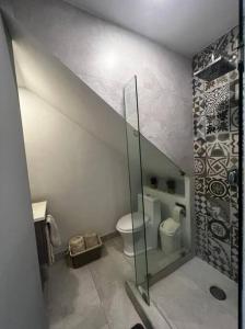 Un baño con inodoro y una pared de cristal. en Precioso Loft a pie de playa, en Nuevo Vallarta  24 fotos más