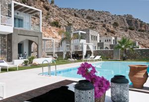 a house with a swimming pool and a mountain at Elements Villas in Lardos