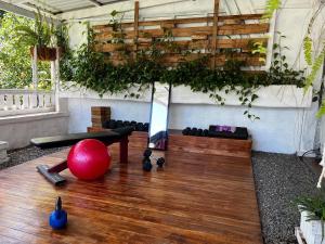 a room with a ping pong table and plants at El Reinas by Sugar's Monkey in Playa Grande