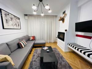 salon z szarą kanapą i telewizorem w obiekcie Redstripes Apartment w Salonikach