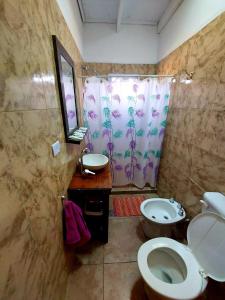 een badkamer met een toilet, een wastafel en een douche bij Cabaña Sarita in Santa Rosa