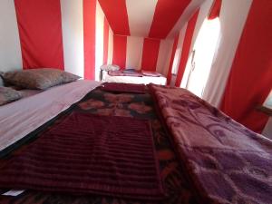 łóżko w pokoju z czerwono-białymi ścianami w obiekcie Visitors camp w mieście Mhamid (Amhamid al-Ghizlan)