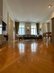 sala de estar amplia con suelo de madera y sofá en Luxury Apartment Neubaugasse, en Viena