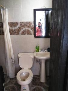 a bathroom with a toilet and a sink and a mirror at Multialojamientos Pico de Orizaba in Orizaba