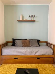 1 cama en una habitación con un estante en la pared en El cielo apartamento en Mendoza