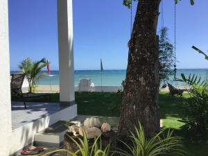 a porch with a tree and a view of the beach at BambooBeachVilla1 AC New OCEANFRONT POOL sunsetview garden kitchen SATELLITE STARLINK WI-FI in Dimiao