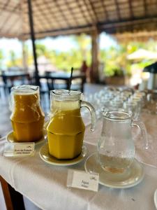 two glasses of orange juice on a table at Hotel das Marés in Trairi