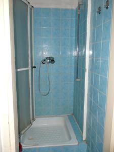 a blue tiled bathroom with a shower with a glass door at Apartment Trojska in Prague