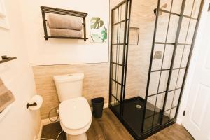 a small bathroom with a toilet and a mirror at Luxury Sport & Gym Vacation House 10 Guests 5BR 2000sqft in San Jose +42 photos