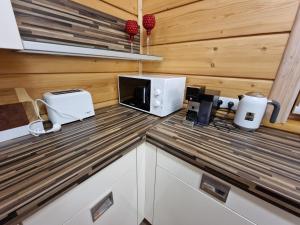 encimera de cocina con microondas y electrodomésticos en Baložu rezidence, en Jūrmala