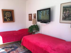 a living room with two red beds and a flat screen tv at Apartma Dobrna in Dobrna