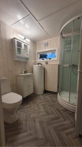 ein kleines Bad mit einem WC und einer Dusche in der Unterkunft Neu 55min von Oslo Ferienhaus mit Aussicht Sauna Wassersport in Berger