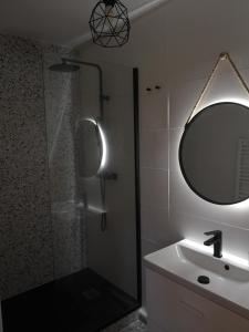 a bathroom with a shower and a sink and a mirror at Villa Sérénité in Noisy-le-Grand