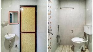 two pictures of a bathroom with a toilet and a sink at Hotel Raj Inn in Navi Mumbai