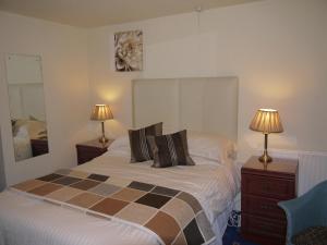 a bedroom with a bed with two lamps and a mirror at Ivy House B&B in Dolgellau