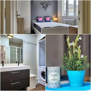 a collage of photos of a bathroom and a bedroom at Loft 4/6 pers proximité centre ville, gare et tram in Caen