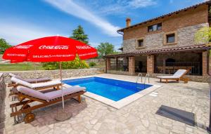 a house with a pool and an umbrella and chairs at Villa Natura in Poljane