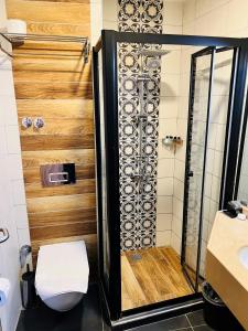 a bathroom with a shower with a toilet and a sink at Nomade Old City Hotel in Istanbul