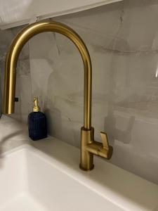 a sink with a gold faucet on a counter at Liz suite in Caesarea