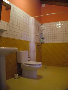 y baño con aseo, ducha y lavamanos. en Apartamentos Rurales Vista del Sueve en Tresano