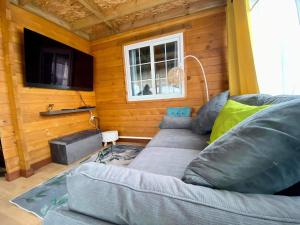 a living room with a couch and a tv at Chalet de Notre Dame in Le Tampon