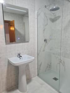 a bathroom with a sink and a shower at Hotel Restaurante El Lago in Arcos de la Frontera