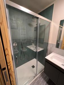 ein Bad mit einer Dusche und einem Waschbecken in der Unterkunft Niblet in Sauze dʼOulx
