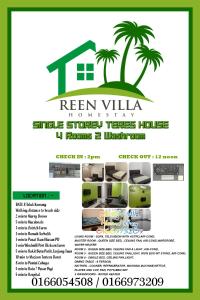 ein Flyer für eine echte Villa mit Palmen in der Unterkunft Reenvillahomestayportdickson in Port Dickson