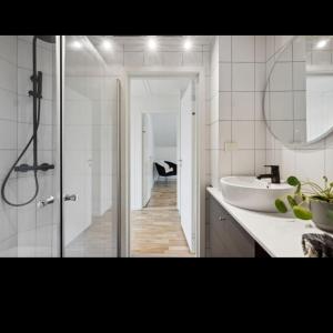 y baño con ducha, lavabo y espejo. en FeelHome apartment In Tromsdalen en Tromsø