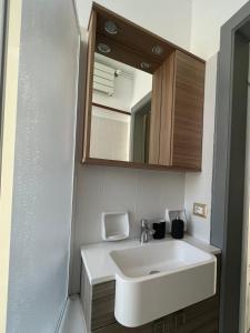 ein Badezimmer mit einem weißen Waschbecken und einem Spiegel in der Unterkunft Il Ritrovo, luminoso trilocale in città in Bergamo