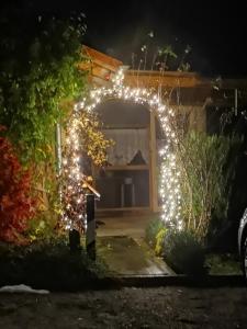un arco con luci natalizie in un giardino di notte di Vermietung Gisl a Wiesent