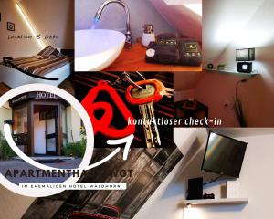 un collage de fotos de un baño con lavabo y TV en Gut und günstig !!!, en Weingarten