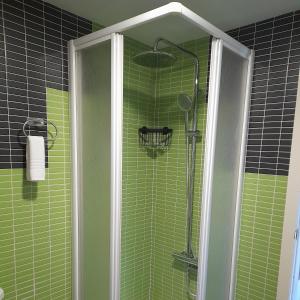 ein Bad mit einer Dusche und grünen Fliesen in der Unterkunft La Guinda Real in Vigo
