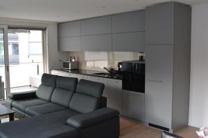a living room with a couch and a kitchen at Great new apartment surrounded by nature. in Schattdorf