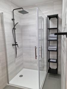 La salle de bains est pourvue d'une douche avec une porte en verre. dans l'établissement Exklusive Ferienwohnung in Osterburg, à Osterburg Siedlung