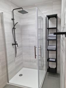 a shower with a glass door in a bathroom at Exklusive Ferienwohnung in Osterburg in Osterburg