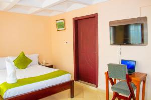 1 dormitorio con 1 cama, TV y silla en Luna hotel en Nakuru