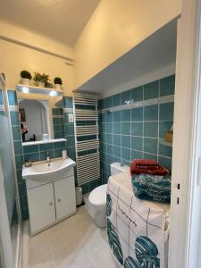 a bathroom with a sink and a toilet and a mirror at Charmant 2 Pièces Vue sur Mer et MONTE-CARLO à ROQUEBRUNE CAP MARTIN in Roquebrune-Cap-Martin