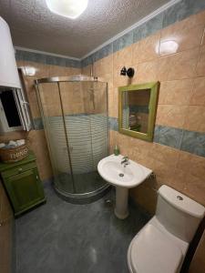 ein Bad mit einer Dusche, einem WC und einem Waschbecken in der Unterkunft Sunny Hill kuća za odmor na Zlataru in Vukovina