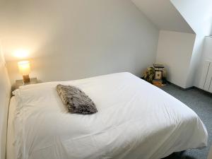 a bedroom with a white bed with a cat pillow on it at Bel appartement contemporain in Alençon