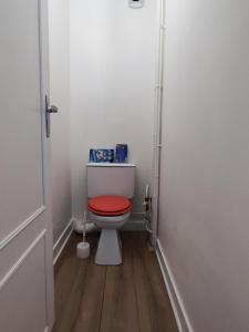 La salle de bains est pourvue de toilettes et d'un couvercle rouge. dans l'établissement L'appart, à Limoges