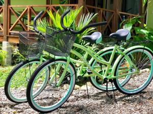 dos motos verdes estacionadas una al lado de la otra en Peace Garden Spacious Bungalows- a walk to the beach, en Cocles