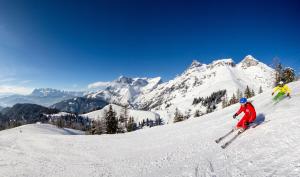 two people are skiing down a snow covered mountain at Ferienhaus Regina in Werfenweng