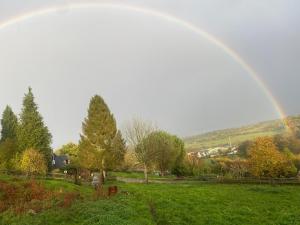 un arc-en-ciel sur un champ verdoyant planté d'arbres dans l'établissement Domaine du Martinaa, à Saint-Martin-de-la-Lieue