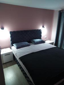 a bedroom with a large bed with two blue pillows at Apartmani Jevremović in Guča