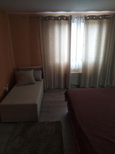 1 dormitorio con 2 camas y una ventana con cortinas en Apartmani Jevremović, en Guča