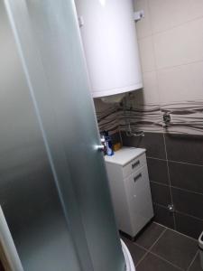 a bathroom with a door and a sink and a toilet at Apartmani Jevremović in Guča