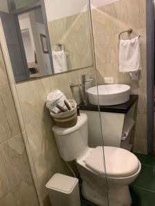 La salle de bains est pourvue de toilettes, d'un lavabo et d'un miroir. dans l'établissement Confortable Apartaestudio, à Bogotá