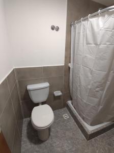 y baño con aseo y ducha. en Departamentos Yexalen PA en El Calafate
