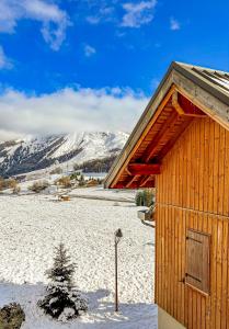 un bâtiment en bois dans la neige avec un arbre de Noël dans l'établissement VVF Résidence Albiez-Montrond Maurienne, à Albiez-Montrond